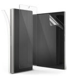 Galaxy Z Fold 6 | 3-in-1 Protector - Foldable phone with transparent screen protector films being applied to its surfaces.