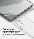 Galaxy Z Fold 6 Screen Protector | Dual Easy Film (2 Pack) - Galaxy Z Fold 6 Screen Protector - A clear protective film being applied to a phone screen next to a transparent case.