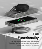 Galaxy Z Fold 6 Case | Fusion - Clear - Foldable phone in clear case wirelessly charging above a pad with earbuds nearby.