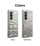 Galaxy Z Fold 6 case | Fusion Design - Two clear phone cases featuring Seoul typography and floral patterns.