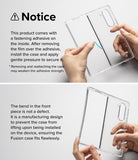Galaxy Z Fold 6 case | Fusion Design - Hands peeling adhesive film from a clear phone case and showing the case's intentional bend.