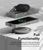 Galaxy Z Fold 6 case | Fusion Design - Folded phone in clear case wirelessly charging on a pad with earbuds nearby.