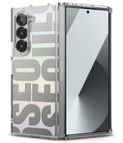 Galaxy Z Fold 6 case | Fusion Design - Clear phone case with large grey SEOUL text over a soft pastel gradient.