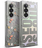 Galaxy Z Fold 6 case | Fusion Design - Two clear phone cases, one with floral patterns and one with large, pastel-gradient typography.