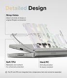 Galaxy Z Fold 6 case | Fusion Design - Diagram showing strap holes, soft TPU, and hard PC features of a clear phone case.