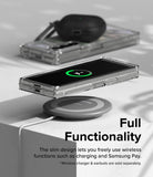 Galaxy Z Fold 6 case | Fusion Design - Foldable phone in a clear case wirelessly charging on a pad with earbuds nearby.