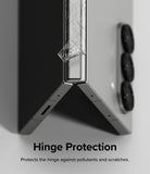 Galaxy Z Fold 6 Screen Protector | Hinge Dual Easy Film - Galaxy Z Fold 6 Screen Protector - A clear protective film being applied to the metallic hinge of a folded smartphone.