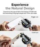 Galaxy Z Fold 6 Case | Slim - Digital calipers measuring the 1.7mm thickness of a clear phone case versus a credit card.