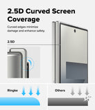 Galaxy Z Fold 7 Screen Protector | 3-in-1 Protector Pro - Diagram showing 2.5D curved edges on a phone screen compared to flat, fragile edges.