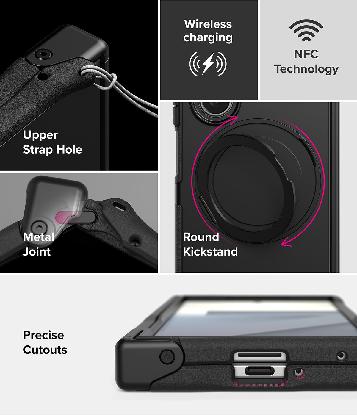 Galaxy Z Fold 7 Case | Alles - Galaxy Z Fold 7 Case - Features include a strap hole, metal joint, round kickstand, wireless charging, NFC, and precise cutouts.