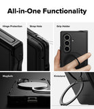Galaxy Z Fold 7 Case | Alles - Five panels showing hinge protection, strap hole, grip holder, MagSafe, and kickstand features.