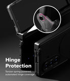 Galaxy Z Fold 7 Case | Alles - Close-up of a black phone case showing a spring-powered, automated hinge protection mechanism.