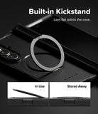 Galaxy Z Fold 7 Case | Alles - Black phone case with a circular kickstand that folds flat, shown in use and stored away.