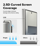 Galaxy Z Fold 7 Screen Protector | Cover Display Easy Slide Tempered Glass (2 Pack) - Diagram showing 2.5D curved glass edges on a phone screen compared to flat glass.
