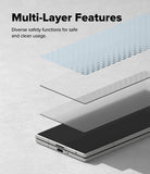 Galaxy Z Fold 7 Screen Protector | Cover Display Easy Slide Tempered Glass (2 Pack) - Exploded view showing multiple protective layers above a smartphone screen.