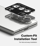 [Bundle] Galaxy Z Fold 7 Case | Slim Magnetic - Galaxy Z Fold 7 Case - Installation tool aligning tempered glass lens protectors over the Galaxy Z Fold 7 camera lenses.