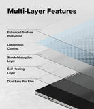 Galaxy Z Fold 7 Screen Protector | Dual Easy Pro Film (2 Pack) - Diagram showing five layers of the screen protector film above a smartphone screen.