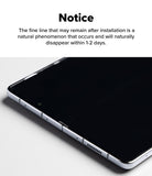 Galaxy Z Fold 7 Screen Protector | Dual Easy Pro Film (2 Pack) - Text notice about a temporary installation line on a folded smartphone screen.