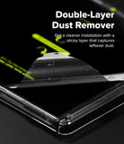 Galaxy Z Fold 7 Screen Protector | Dual Easy Pro Film (2 Pack) - A film layer lifting off a phone screen, showing dust particles being removed.