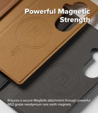 Galaxy Z Fold 7 Cover | Folio Grip Wallet Magnetic - Tan and black leather folio cases featuring embossed magnetic ring icons for MagSafe compatibility.