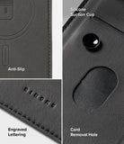 Galaxy Z Fold 7 Cover | Folio Grip Wallet Magnetic - Close-up of black wallet case features: anti-slip texture, silicone suction cup, and card slot.