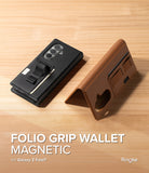 Galaxy Z Fold 7 Cover | Folio Grip Wallet Magnetic - Black and brown magnetic folio wallet cases with finger grips on a wooden surface.