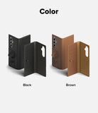 Galaxy Z Fold 7 Cover | Folio Grip Wallet Magnetic - Black and brown folio wallet cases with magnetic grip straps shown in open and closed positions.