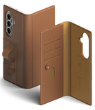 Galaxy Z Fold 7 Cover | Folio Grip Wallet Magnetic - Brown leather folio case with card slots, magnetic ring, and a rear finger strap.