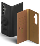 Galaxy Z Fold 7 Cover | Folio Grip Wallet Magnetic - Black folio case with grip strap and open tan interior featuring card slots and magnetic ring.