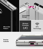 Galaxy Z Fold 7 Case | Fusion - Clear case features showing micro-dot pattern, hinge design, wireless charging, and cutouts.