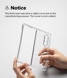 Galaxy Z Fold 7 Case | Fusion Design - Hands holding a clear, foldable phone case with a notice about a slight manufacturing curve.