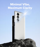 [Bundle] Galaxy Z Fold 7 Case | Fusion - Clear phone case on a rock against a blue sky with text Minimal Vibe, Maximum Clarity.