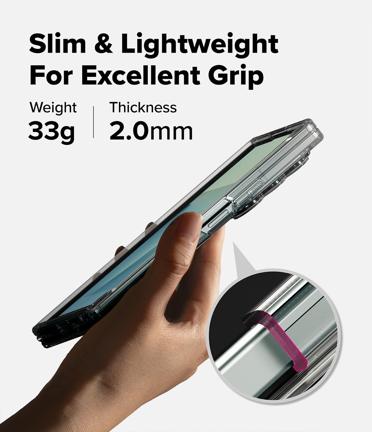Galaxy Z Fold 7 Case | Fusion - Hand holding a slim, clear phone case with 33g weight and 2.0mm thickness highlighted.