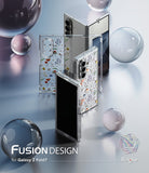 Galaxy Z Fold 7 Case | Fusion Design - Clear floral-patterned phone cases displayed with glass spheres on a reflective surface.