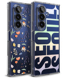 Galaxy Z Fold 7 Case | Fusion Design - Two clear phone cases featuring floral patterns and bold typography on blue backgrounds.