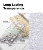 Galaxy Z Fold 7 Case | Fusion Design - Comparison of a yellowed standard case and a clear, transparent Ringke case.
