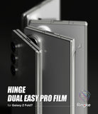 Galaxy Z Fold 7 Screen Protector | Hinge Dual Easy Pro Film (2 Pack) - Clear hinge film being applied to the silver hinge of a Galaxy Z Fold 7 smartphone.