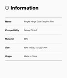 Galaxy Z Fold 7 Screen Protector | Hinge Dual Easy Pro Film (2 Pack) - Information table listing product name, compatibility, material, size, and origin.
