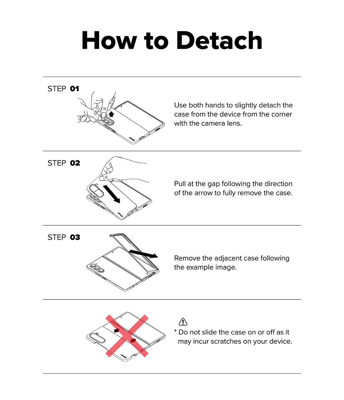 Galaxy Z Fold 7 Case | Slim Magnetic - Three-step illustrated guide showing how to safely detach the phone case.