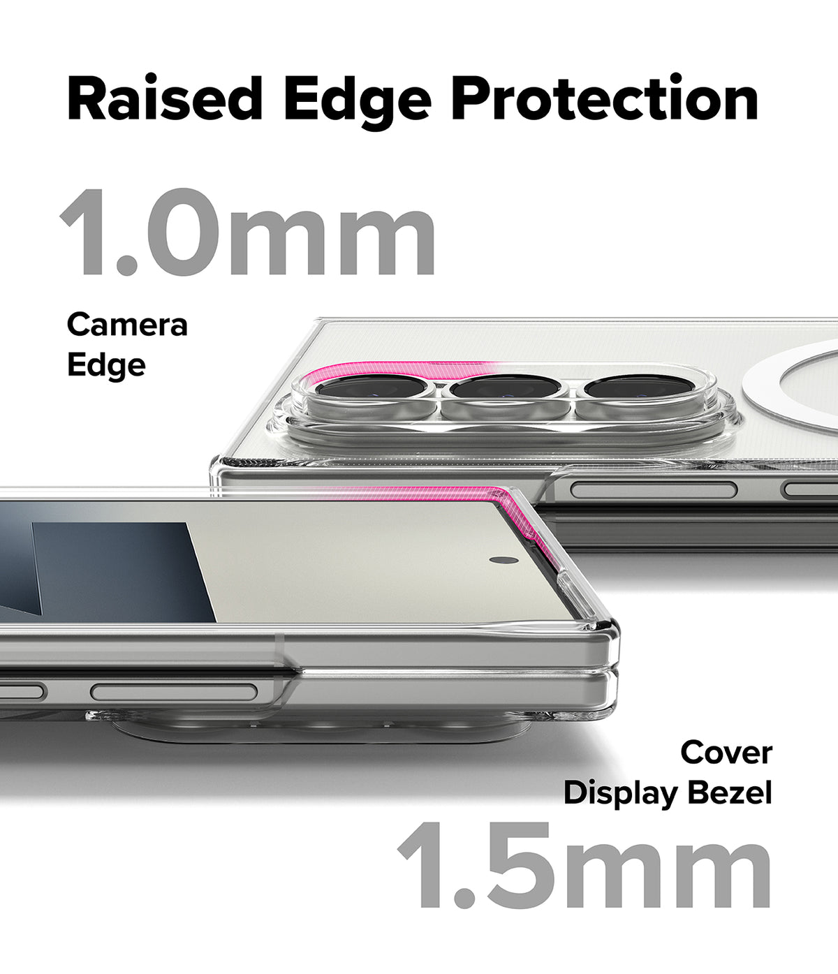 Galaxy Z Fold 7 Case | Slim Magnetic - Close-up of phone case highlighting 1.0mm camera and 1.5mm display raised edges.