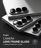 [Bundle] Galaxy Z Fold 8 Ultra | Fusion Magnetic + Camera Lens Frame Glass (2P) - Silver smartphone with individual black lens protectors being applied.