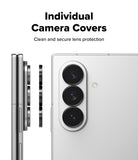 [Bundle] Galaxy Z Fold 8 Ultra | Fusion Magnetic + Camera Lens Frame Glass (2P)- Individual lens covers shown being applied to a silver smartphone.