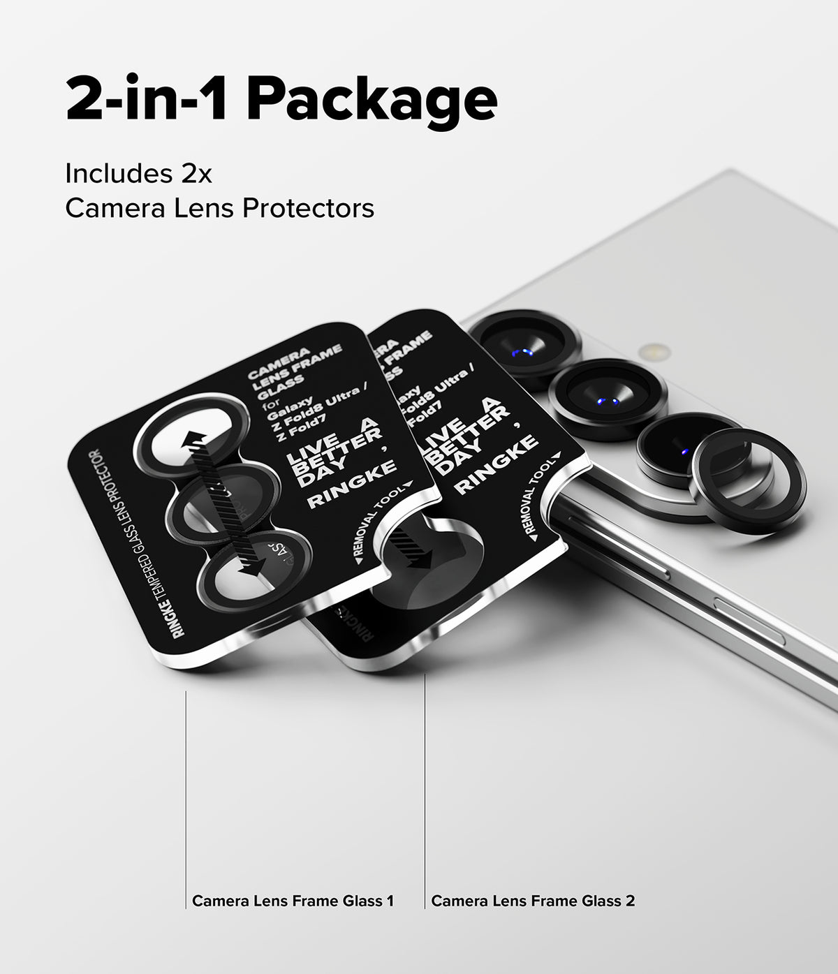 [Bundle] Galaxy Z Fold 8 Ultra | Fusion Magnetic + Camera Lens Frame Glass (2P) - Two black lens protector sets next to a smartphone with installed lenses.