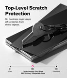 Galaxy Z Fold 8 Ultra Screen Protector | Cover Display Easy Slide 360° Privacy Tempered Glass (2 Pack) - A smartphone with a dark tempered glass screen protector and a metal key resting on top, shown on a light gray background with marketing text about 9H scratch protection and a hardness scale from 4H to 10H.