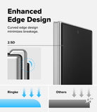 Galaxy Z Fold 8 Ultra Screen Protector | Cover Display Easy Slide Privacy Tempered Glass (2 Pack) - Promotional graphic for a tablet or similar device showing enhanced curved edge design and 2.5D protection, with text, a close-up of the edge, and comparison arrows against Ringke and others.