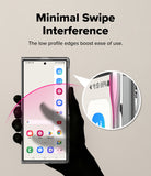 Galaxy Z Fold 8 Ultra Case | Fusion Design Magnetic - A hand holding a smartphone with a clear protective case, shown on a beige background with marketing text reading 'Minimal Swipe Interference' and a circular inset highlighting the low-profile edge design.