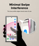 Galaxy Z Fold 8 Ultra Case | Fusion Flap - A hand holds a smartphone showing a clear, low-profile protective bumper edge. The image includes text reading 'Minimal Swipe Interference' and a circular inset highlighting the slim pink edge of the bumper against the phone frame.