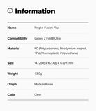 Galaxy Z Fold 8 Ultra Case | Fusion Flap - An information card detailing the specifications of a Ringke Fusion Flap for the Galaxy Z Fold Ultra, including material, size, weight, and origin, with 'Color: Clear' listed.