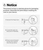 Galaxy Z Fold 8 Ultra Case | Fusion Flap Magnetic - Instruction diagram showing three steps to assemble packaging parts for a door hinge cover, with numbered text and line drawings on a white background.