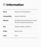 Galaxy Z Fold 8 Ultra Case | Fusion Flap Magnetic - An information card with a light gray background and black text listing details for a Ringke Fusion Flap Magnetic compatible with Galaxy Z Fold8 Ultra, including material, size, and color.